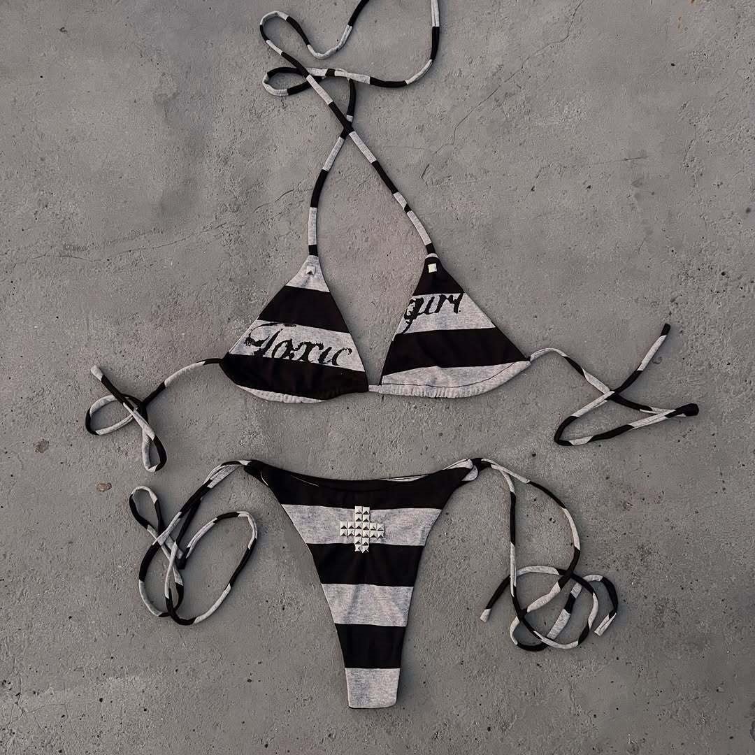 High Street Two Hot Girls Summer Beach Bikini Y2K Printed Cross European And American Set Sexy Hot