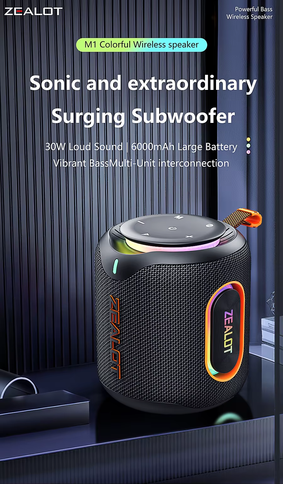 Pkot ZEALOT-M1 30W Wireless Speaker RGB Light 30H Playtime Waterproof IPX6 Dual Pairing 6000mAh Battery Portable Wireless Speaker