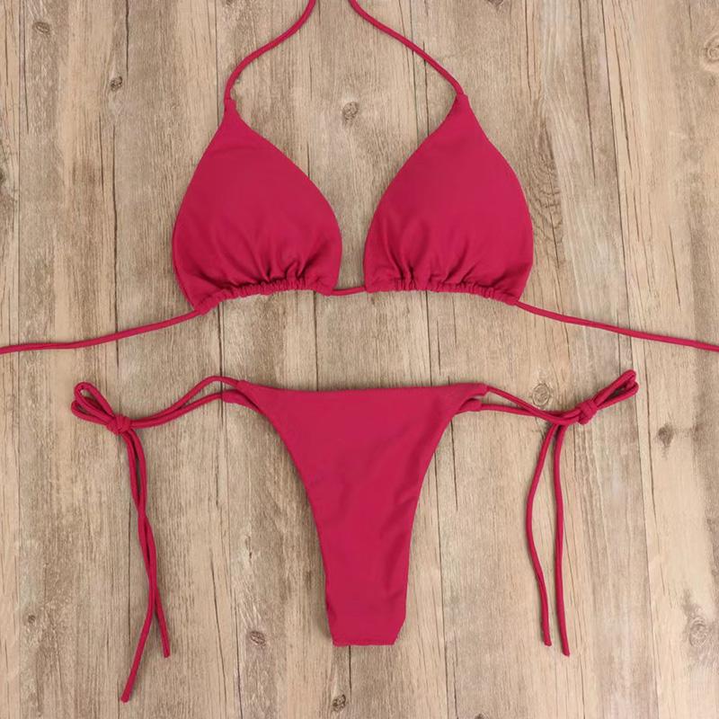 Solid Color Tie-Side G-String Bikini Set Breathtaking Bathing Suit with Feminine Bandage Design Sexy
