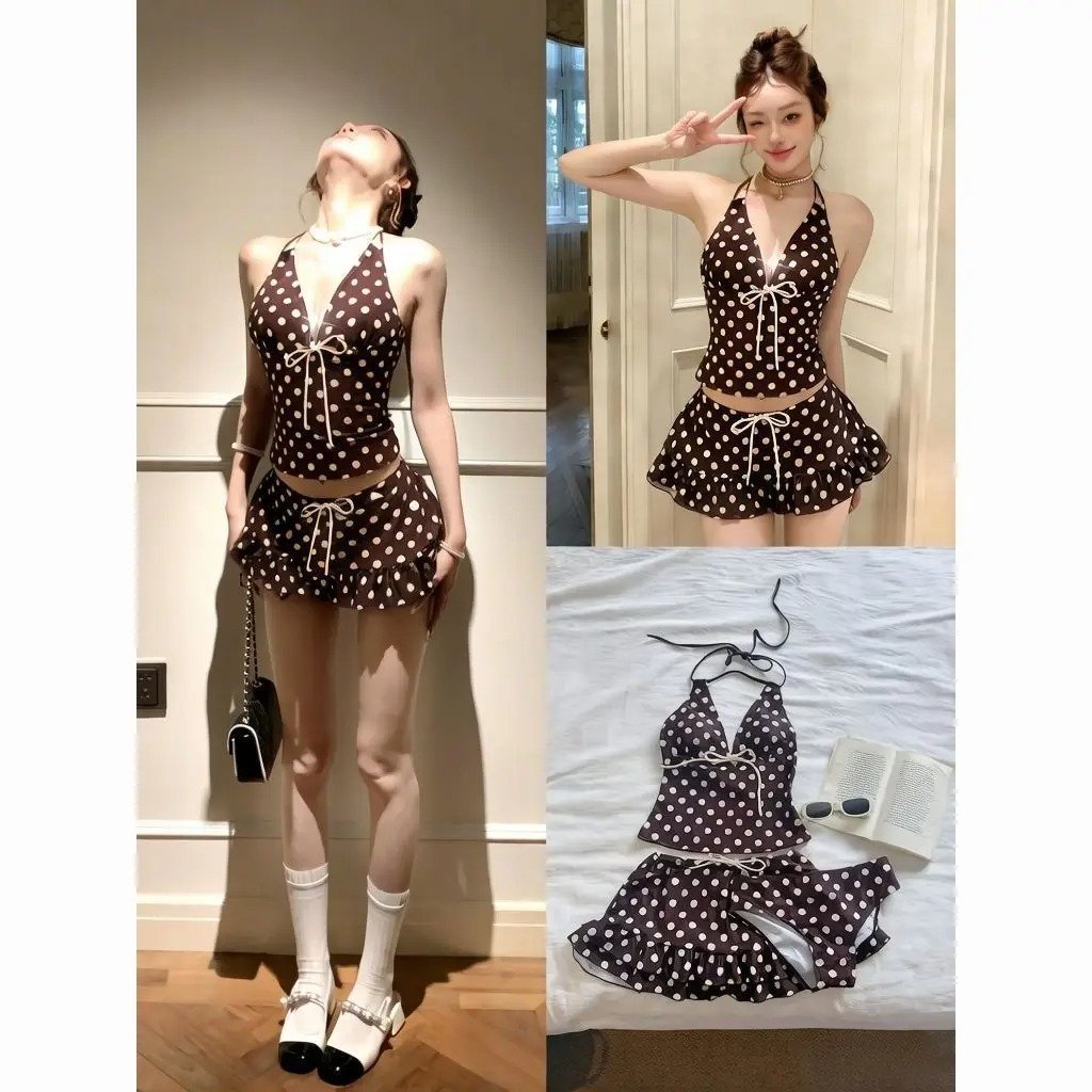 Japanese Style Kawaii Girls Swimsuit Sweet Printed Halter Bikini Swimsuit Women Ruffle Bikini Set