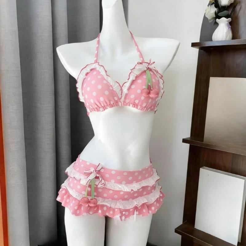 Japanese Style Kawaii Girls Swimsuit Sweet Printed Halter Bikini Swimsuit Women Ruffle Bikini Set