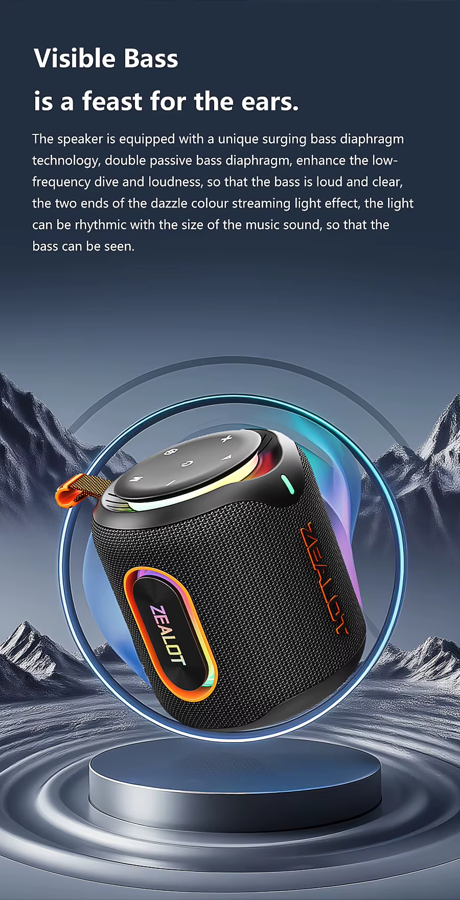 Pkot ZEALOT-M1 30W Wireless Speaker RGB Light 30H Playtime Waterproof IPX6 Dual Pairing 6000mAh Battery Portable Wireless Speaker