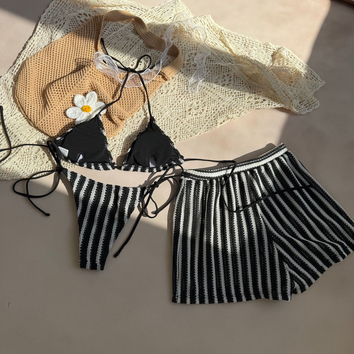 Sexy Green Orange Striped Bikini Set Women Halter Push Up High Waist Panties 3 Piece Swimsuit 2026