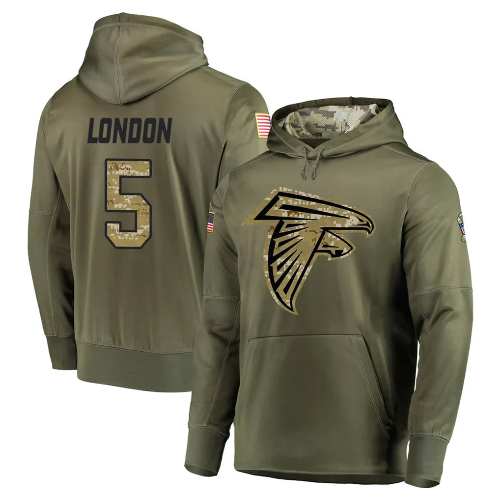 Pkot A.Falcons #5 Drake London Player Olive Salute to Service Pullover Hoodies Stitched Jerseys