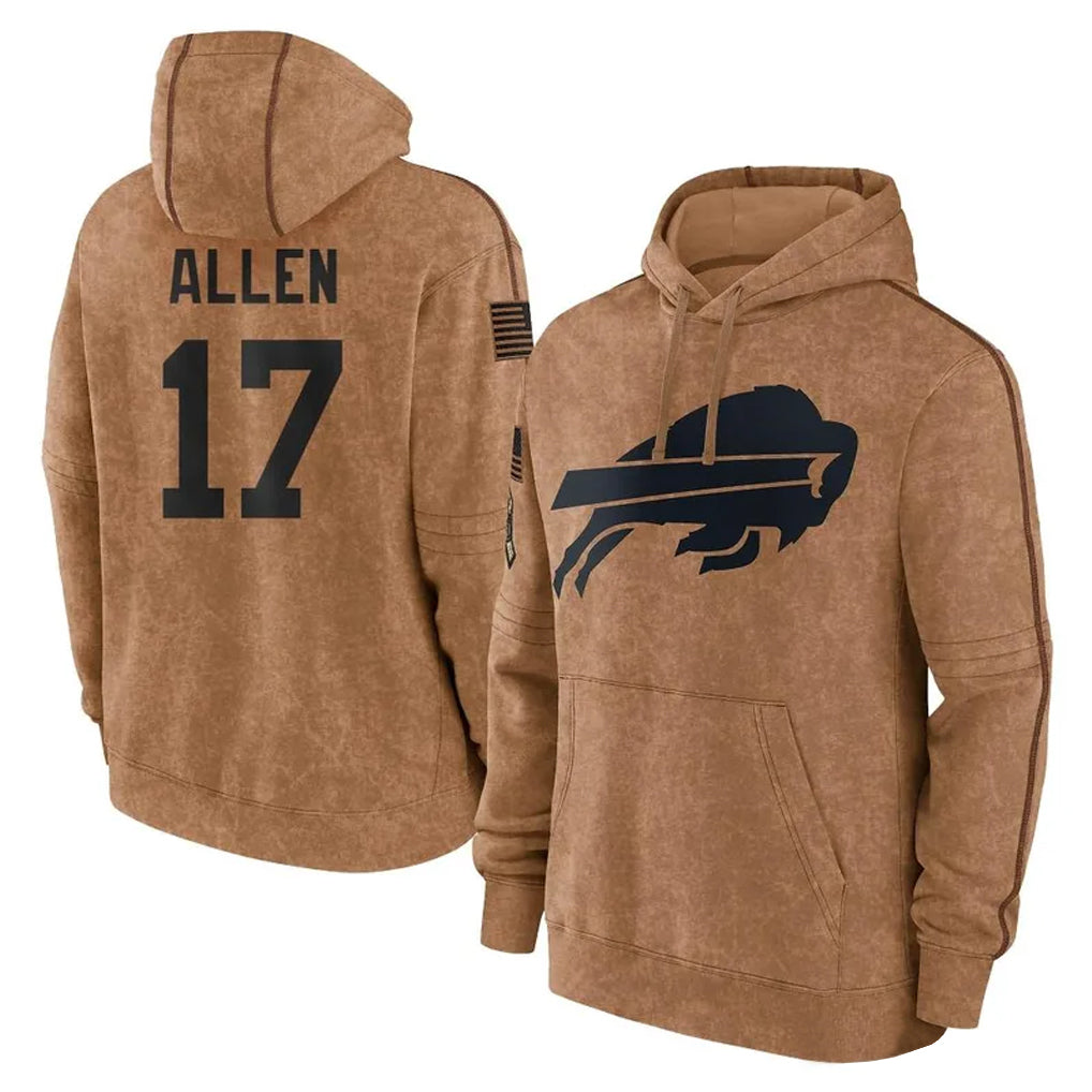 Pkot B.Bills #17 Josh Allen Player Brown Salute to Service Hoodies Stitched Jerseys