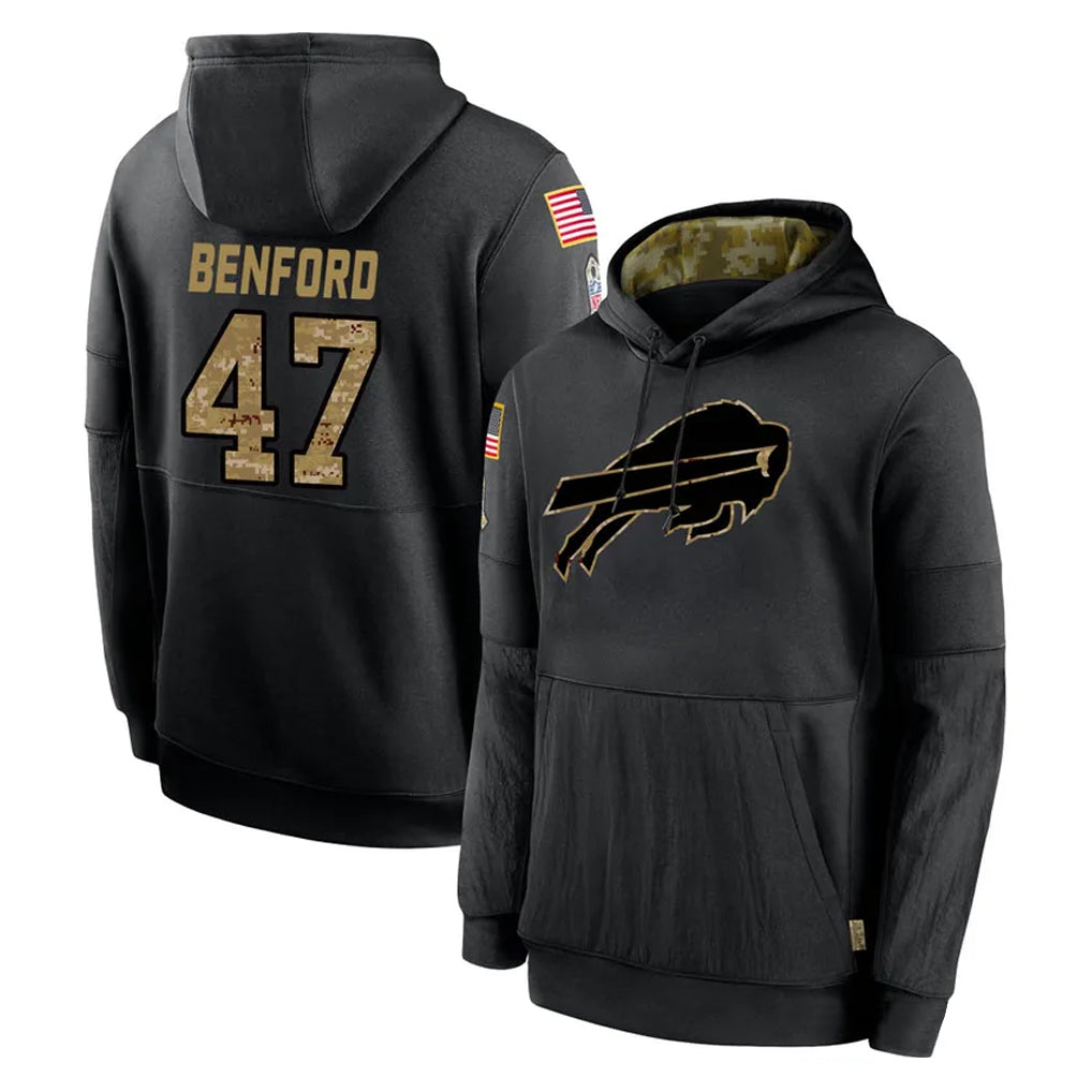 Pkot B.Bills #47 Christian Benford Player Black Salute to Service Hoodies Hame Stitched Jerseys