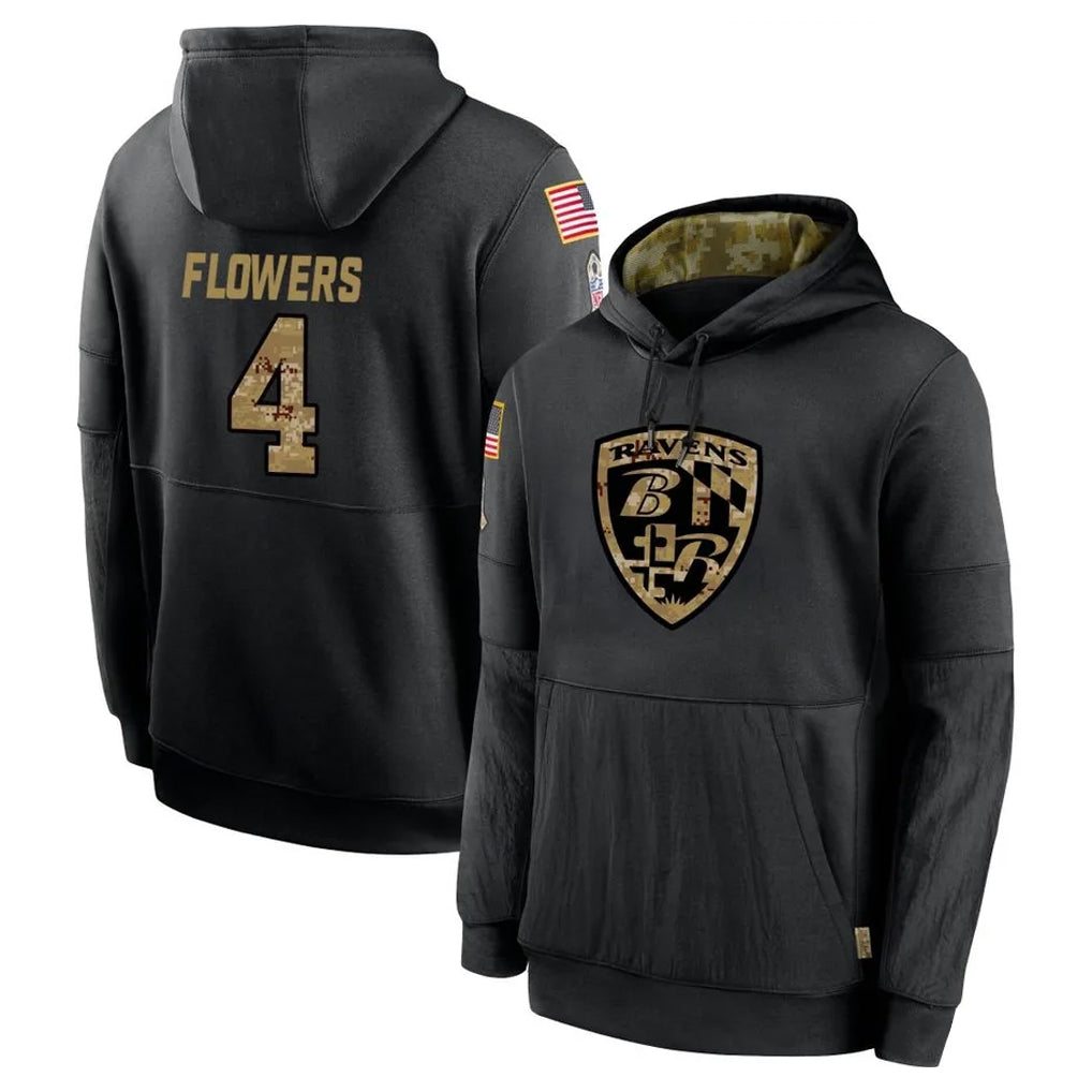 Pkot B.Ravens #4 Zay Flowers Player Black Salute to Service Pullover Hoodie Stitched Jerseys