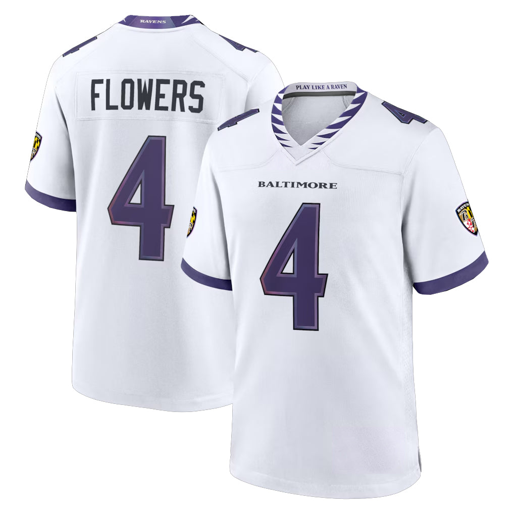 Pkot B.Ravens #4 Zay Flowers Player White Home Game Stitched Jerseys