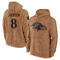 Pkot B.Ravens #8 Lamar Jackson Player Brown Salute to Service Pullover Hoodie Stitched Jerseys