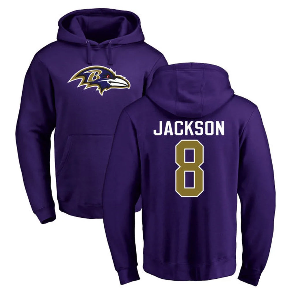 Pkot B.Ravens #8 Lamar Jackson Player Purple Salute to Service Pullover Hoodie Stitched Jerseys