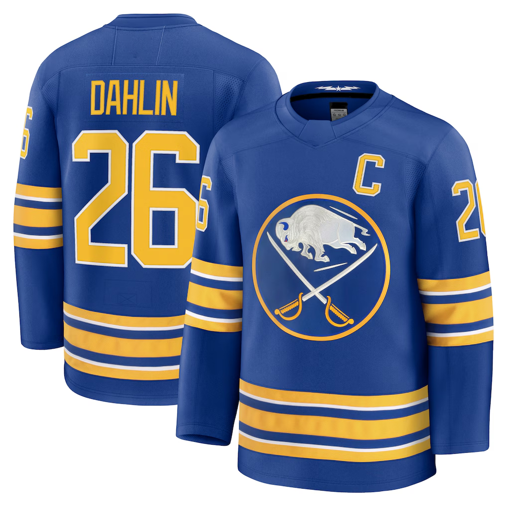 Pkot B.Sabres #26 Rasmus Dahlin Royal Premium with Captain's Patch Stitched Jerseys
