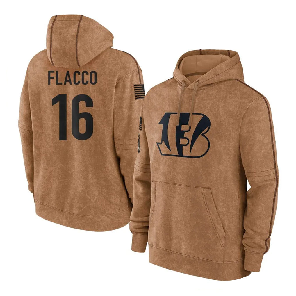 Pkot C.Bengals #16 Joe Flacco Player Brown Salute to Service Pullover Hoodie Limited Stitched Jerseys