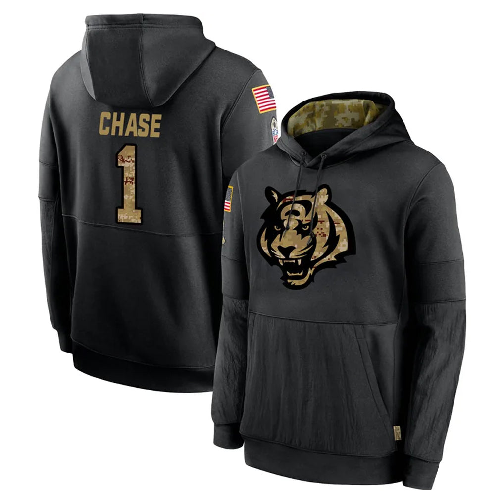 Pkot C.Bengals #1 Ja'Marr Chase Player Black Salute to Service Pullover Hoodies Limited Stitched Jerseys