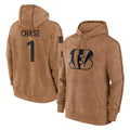 Pkot C.Bengals #1 Ja'Marr Chase Player Brown Salute to Service Pullover Hoodie Limited Stitched Jerseys