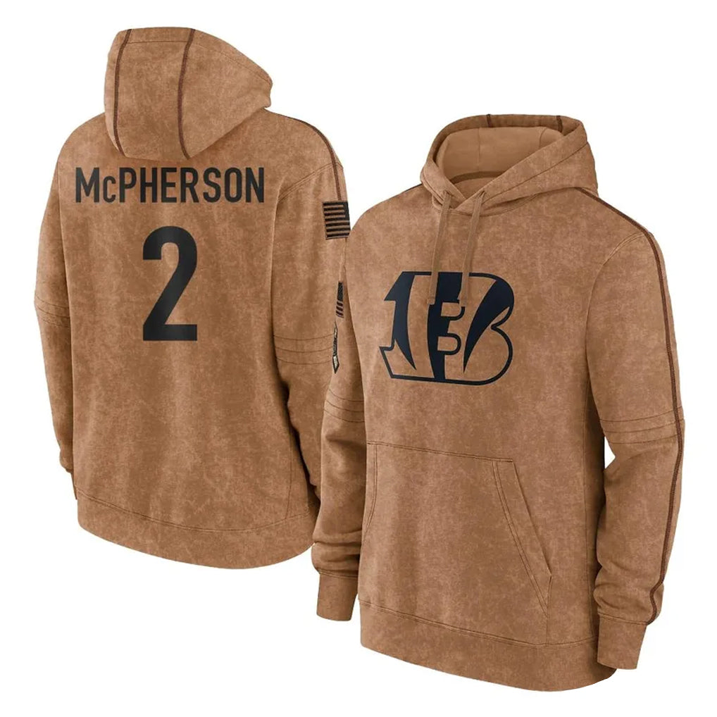 Pkot C.Bengals #2 Evan McPherson Player Brown Salute to Service Pullover Hoodie Limited Stitched Jerseys