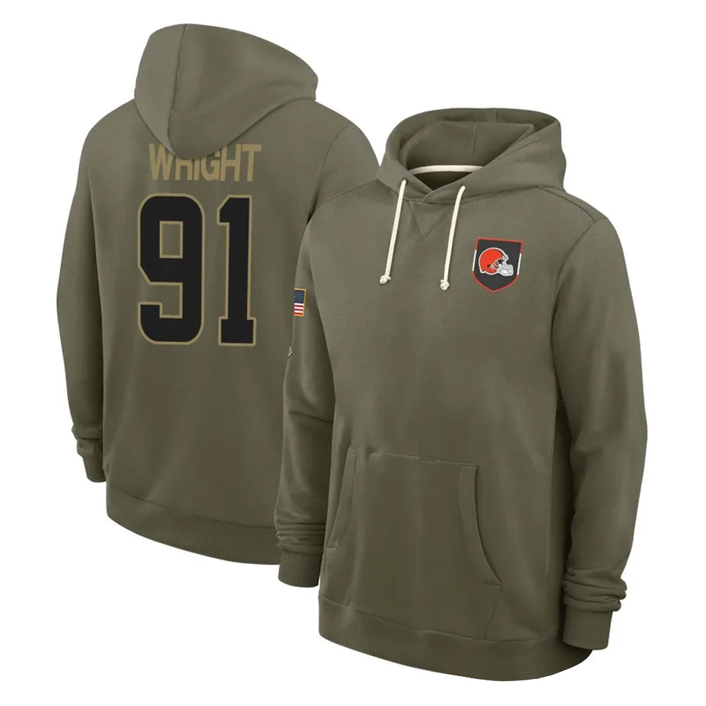 Pkot C.Browns #91 Alex Wright Player Olive Salute to Service Pullover Hoodies Limited Stitched Jerseys