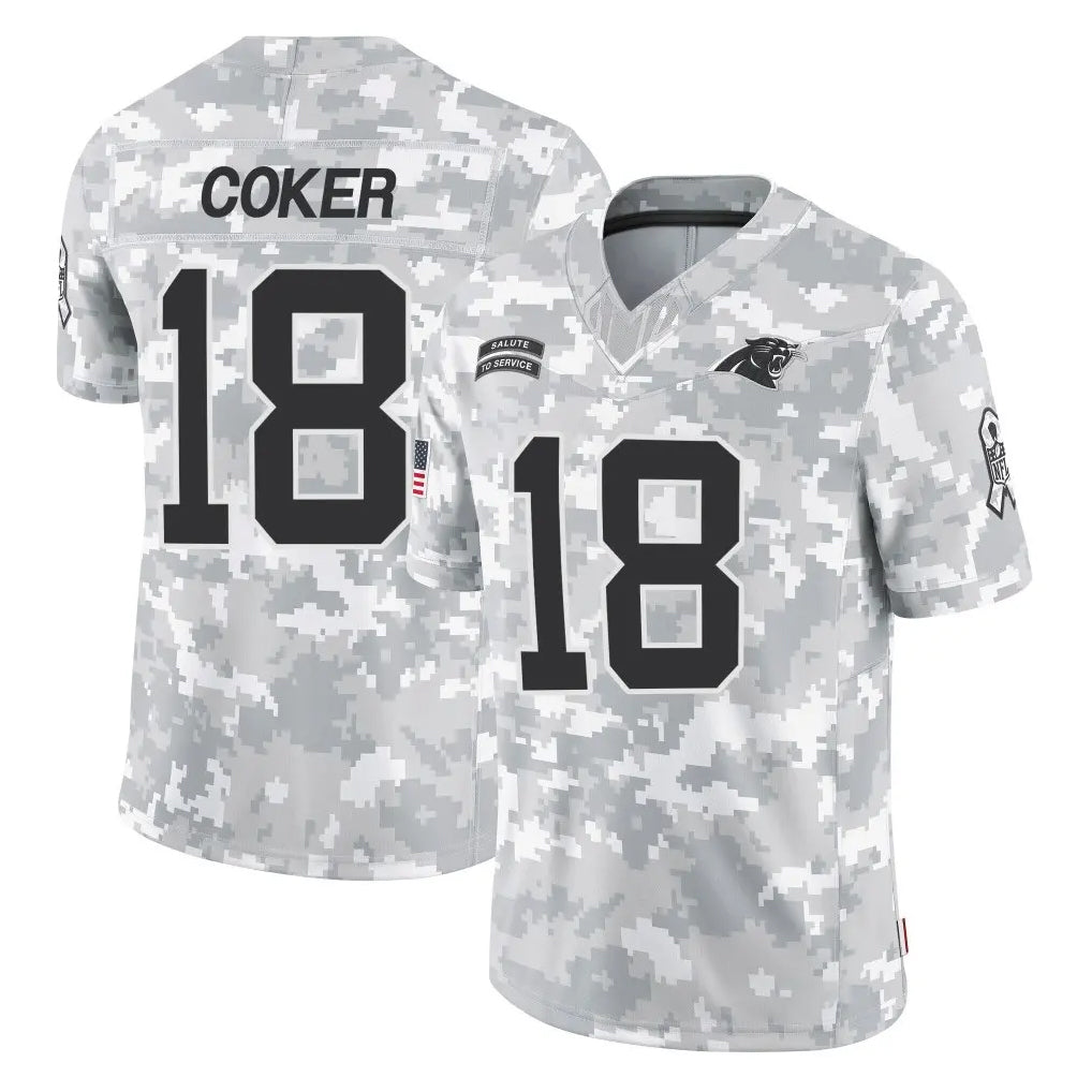 Pkot C.Panthers #18 Jalen Coker Player Arctic Camo Salute to Service Limited Game Stitched Jerseys