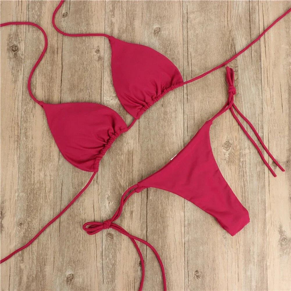 2 Pcs/Set Bikini Set Sexy Bikinis Bathing Suit Solid Color Halter Neck Strap Thong Women Swimsuit