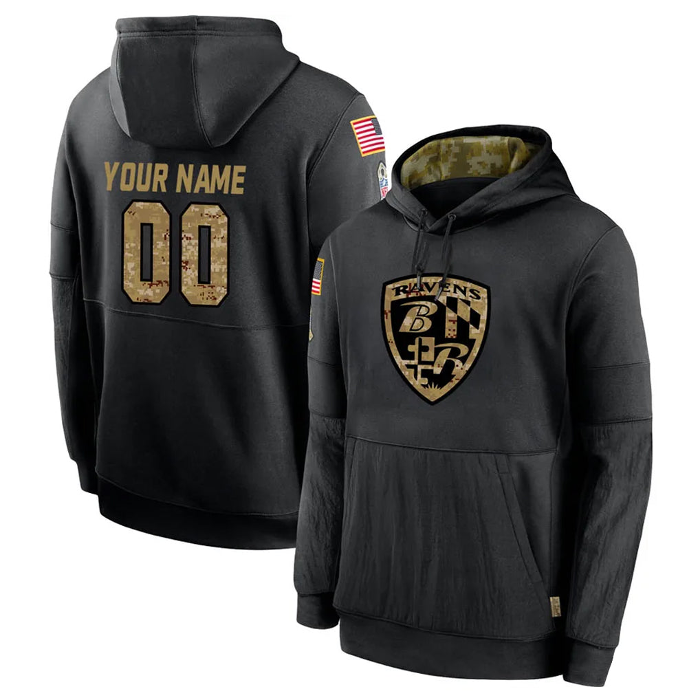 Pkot Custom B.Ravens Black Salute to Service Pullover Hoodie Any Name & Numbers Stitched Jerseys