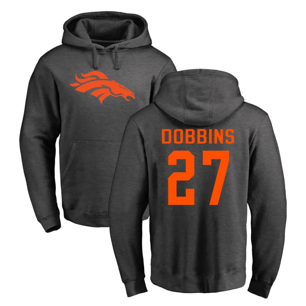 Pkot D.Broncos #27 J.K. Dobbins Player Ash One Color Pullover Hoodie Limited Stitched Jerseys