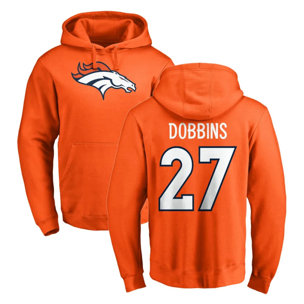 Pkot D.Broncos #27 J.K. Dobbins Player Orange Pullover Hoodie Limited Stitched Jerseys