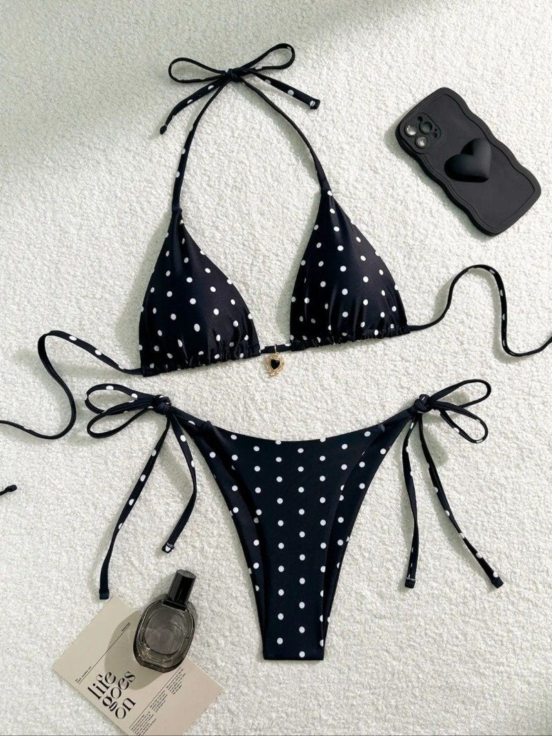 Sexy Bikini Set Black White Polka Dot 2 Piece Swimsuit for Women American Style Beach Bikini