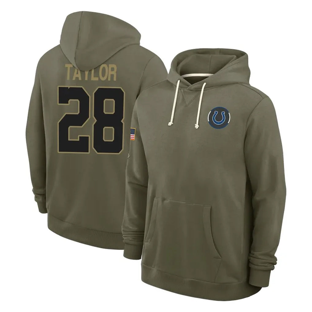 Pkot IN.Colts #28 Jonathan Taylor Player Olive Salute to Service Pullover Hoodies Limited Stitched Jerseys