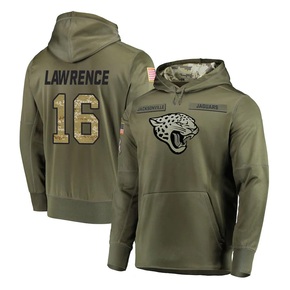 pkot J.Jaguars #16 Trevor Lawrence Player Olive Salute to Service Pullover Hoodies Home Game Stitched Jerseys
