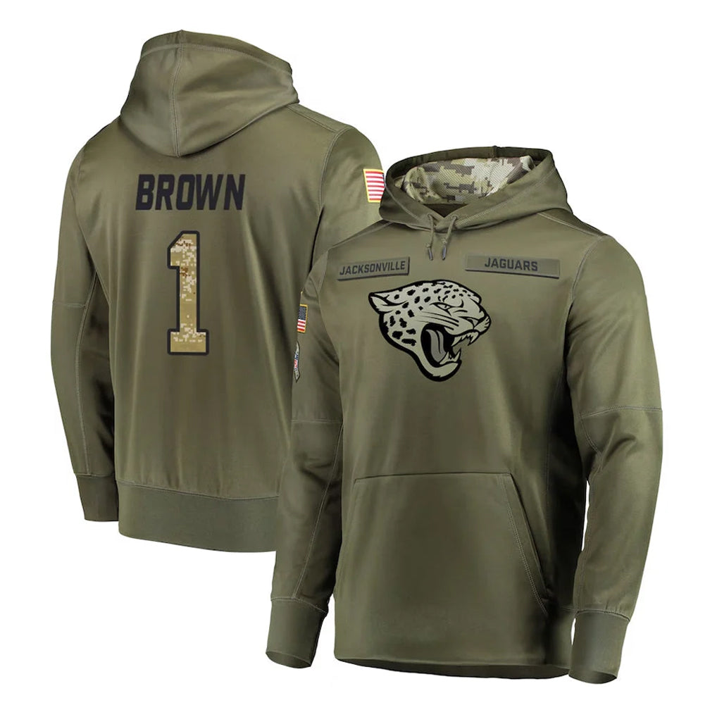 pkot J.Jaguars #1 Montaric Brown Player Olive Salute to Service Pullover Hoodies Home Game Stitched Jerseys