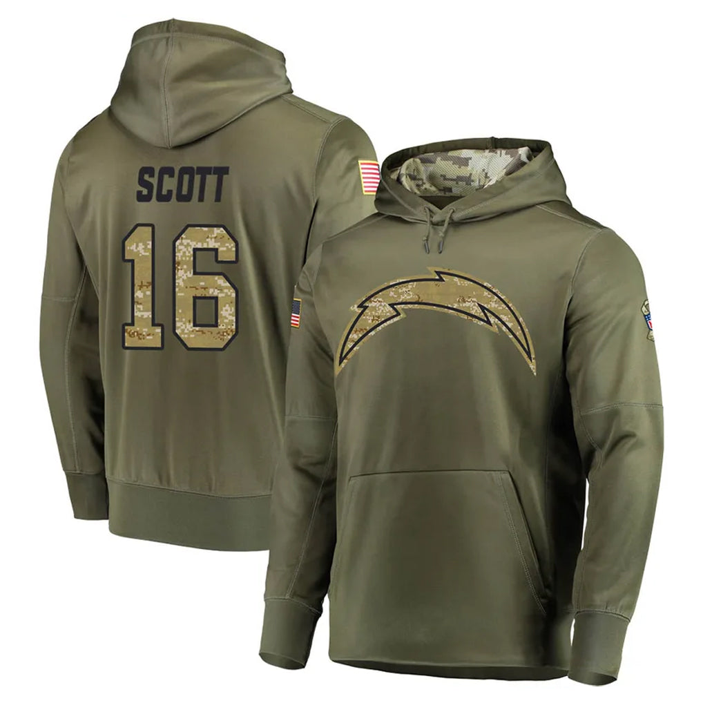 Pkot LA.Chargers #16 J.K. Scott Player Olive Salute to Service Pullover Hoodies Home Game Stitched Jerseys