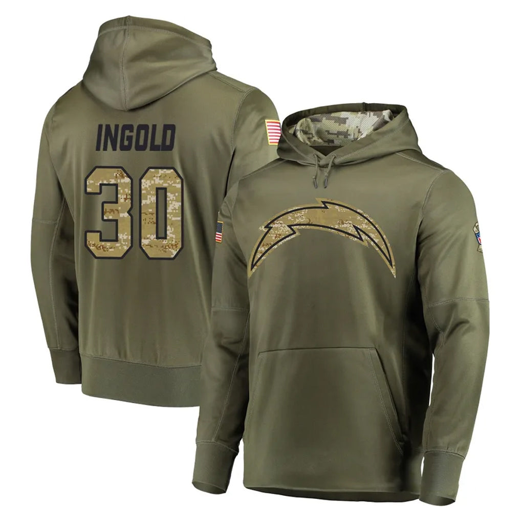Pkot LA.Chargers #30 Alec Ingold Player Olive Salute to Service Pullover Hoodies Home Game Stitched Jerseys