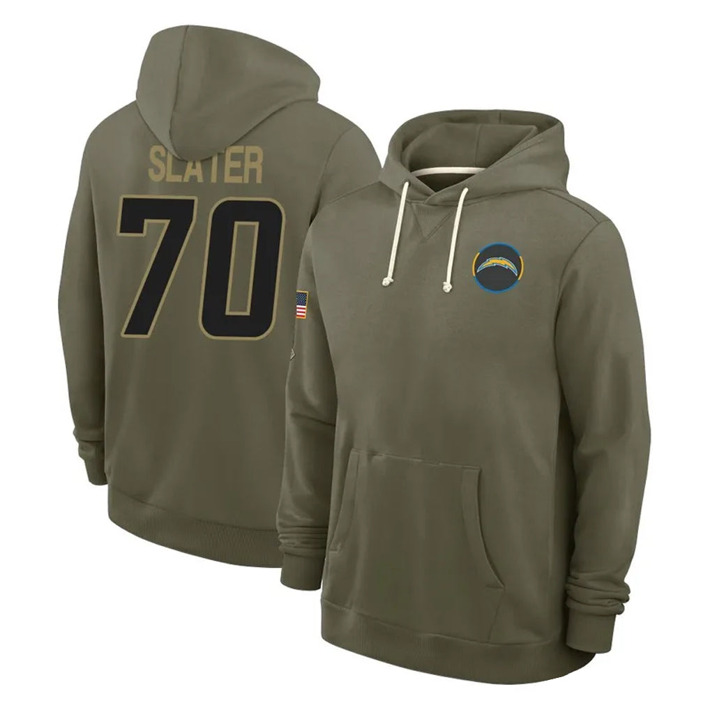 Pkot LA.Chargers #70 Rashawn Slater Player Olive Salute to Service Pullover Hoodies Limited Stitched Jerseys