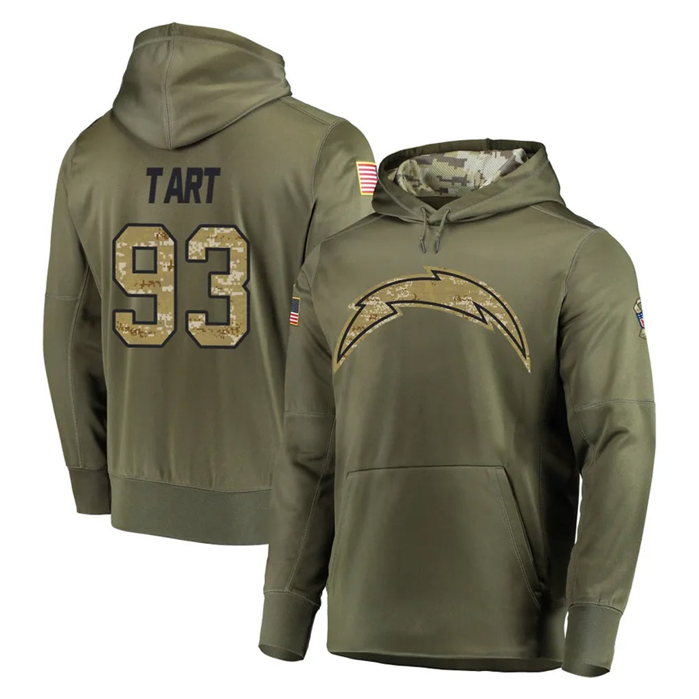 Pkot LA.Chargers #93 Teair Tart Player Olive Salute to Service Pullover Hoodies Home Game Stitched Jerseys