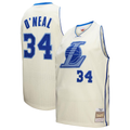 Pkot LA.Lakers #34 Shaquille O'Neal Mitchell & Ness Cream Chainstitch Swingman Jerseys