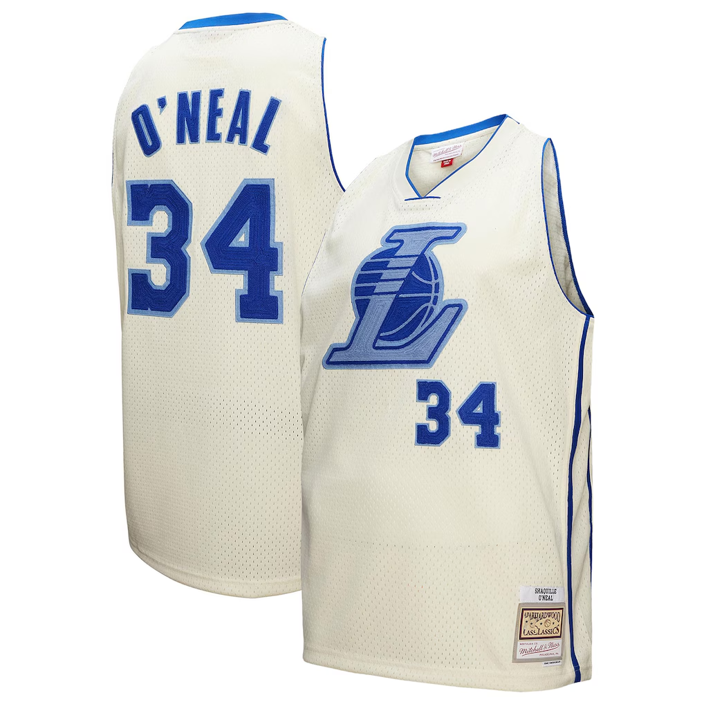 Pkot LA.Lakers #34 Shaquille O'Neal Mitchell & Ness Cream Chainstitch Swingman Jerseys