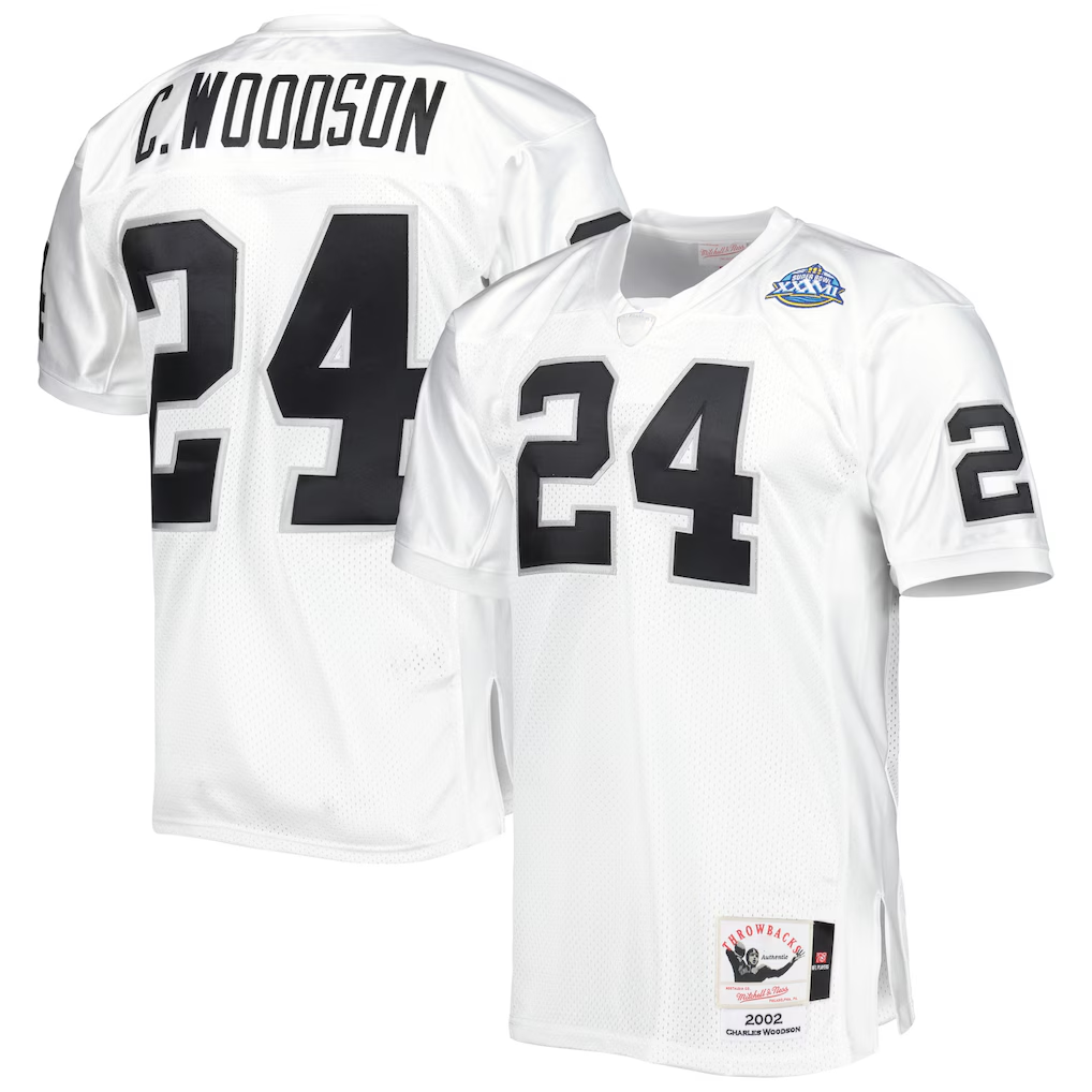 Pkot LV.Raiders 2002 #24 Charles Woodson Mitchell & Ness White Authentic Throwback Retired Player Stitched Jerseys