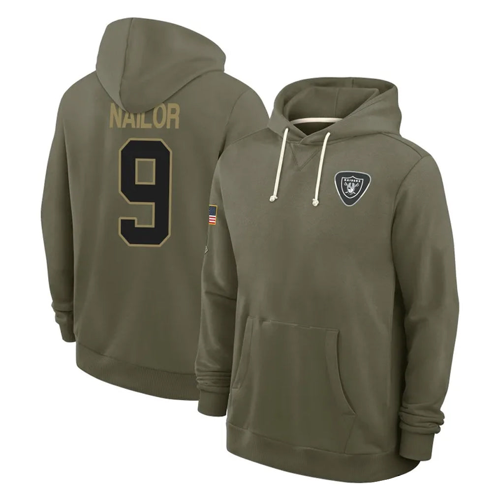 Pkot LV.Raiders #9 Jalen Nailor Player Olive Salute to Service Pullover Hoodies Limited Stitched Jerseys