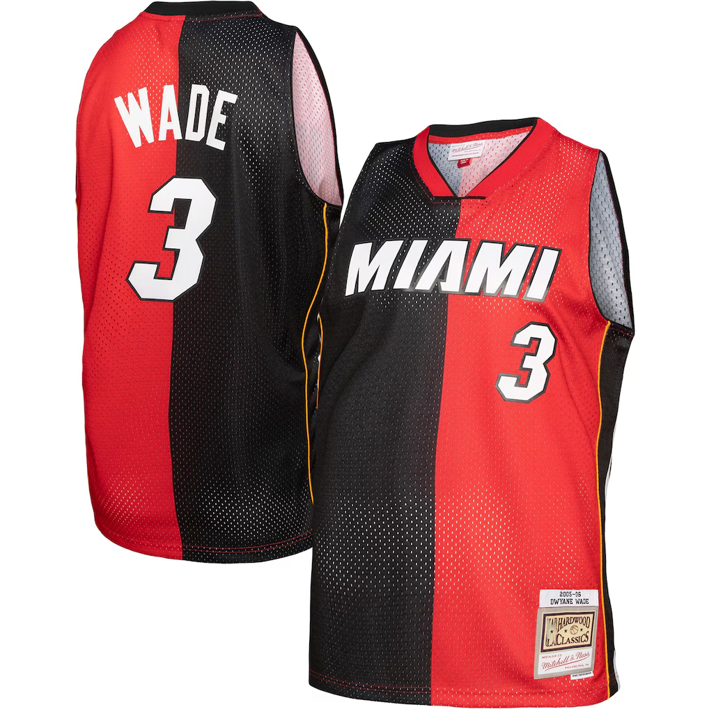 Pkot M.Heat #3 Dwayne Wade Mitchell & Ness BlackRed Big & Tall Hardwood Classics 200506 Split Swingman Jerseys