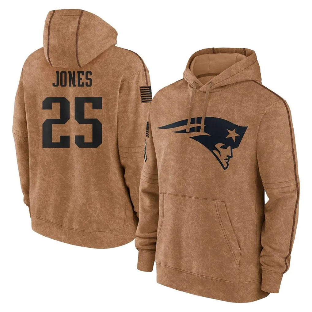 Pkot NE.Patriots #25 Marcus Jones Player Brown Salute to Service Pullover Hoodies Limited Game Stitched Jerseys
