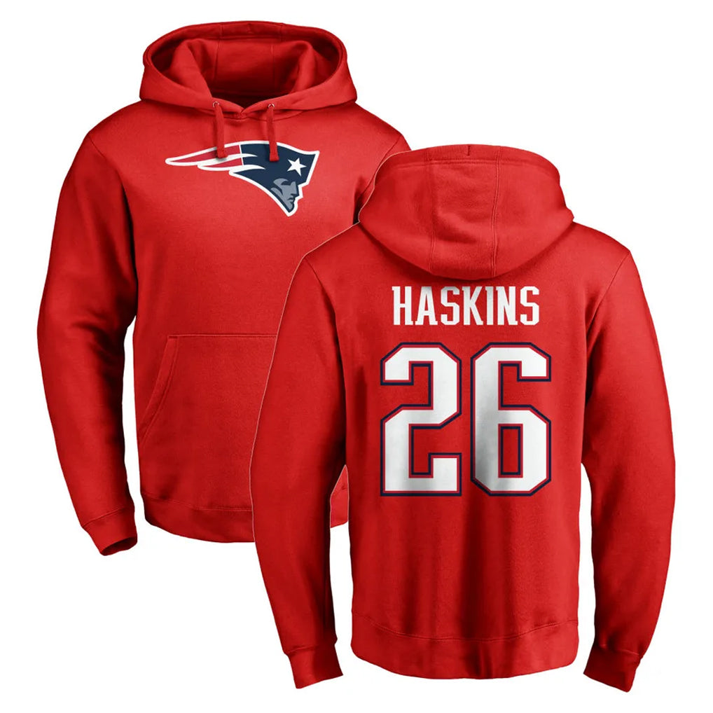 Pkot NE.Patriots #26 Hassan Haskins Player Red LOGO Pullover Hoodies Home Game Stitched Jerseys