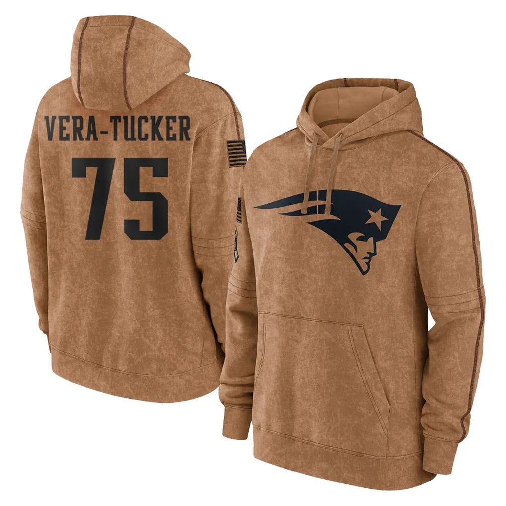 Pkot NE.Patriots #75 Alijah Vera-Tucker Player Brown Salute to Service Pullover Hoodies Limited Game Stitched Jerseys