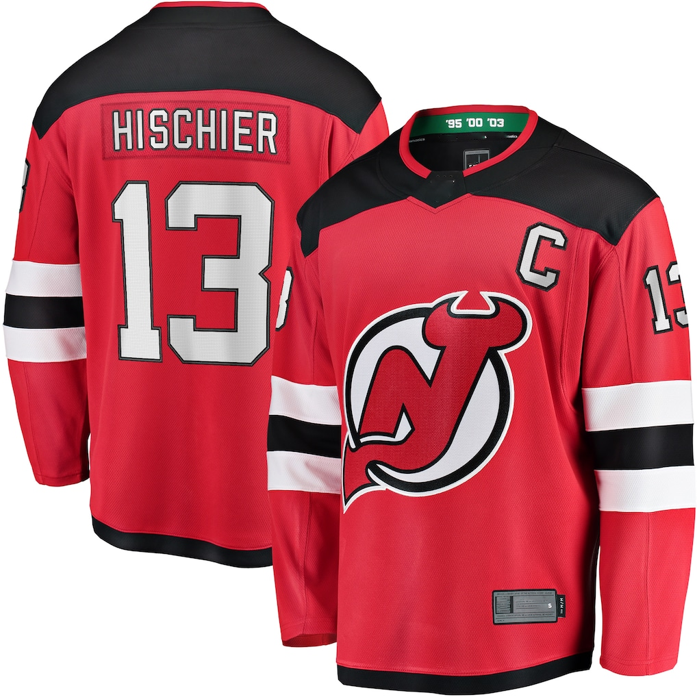 Pkot NJ.Devils #13 Nico Hischier Red Captain Patch Home Breakaway Jerseys