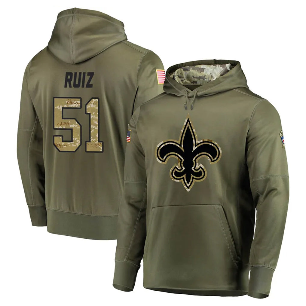 Pkot NO.Saints #51 Cesar Ruiz Player Olive Salute to Service Pullover Hoodies Home Game Stitched Jerseys