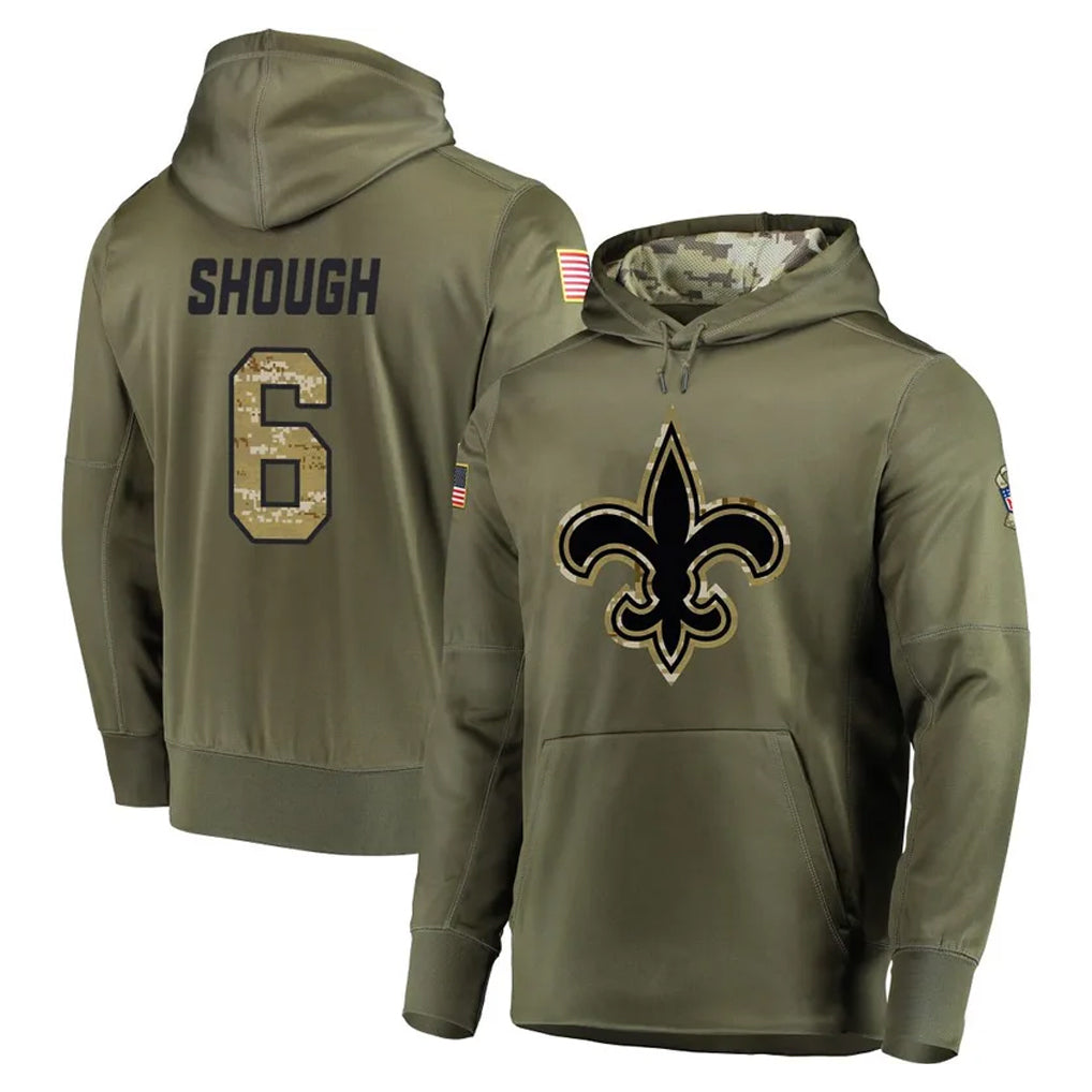 Pkot NO.Saints #6 Tyler Shough Player Olive Salute to Service Pullover Hoodies Home Game Stitched Jerseys
