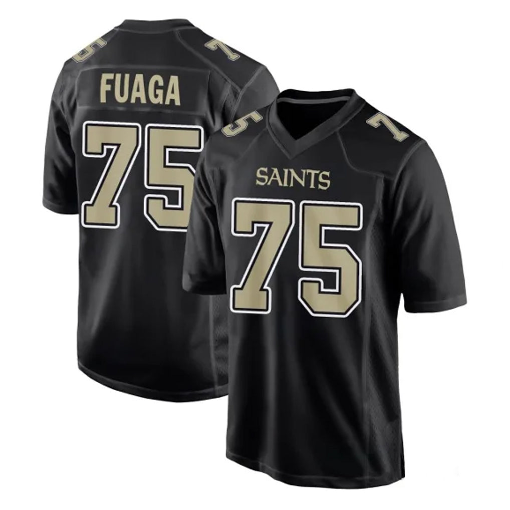 Pkot NO.Saints #75 Taliese Fuaga Player Black Carbon Fashion Home Game Stitched Jerseys