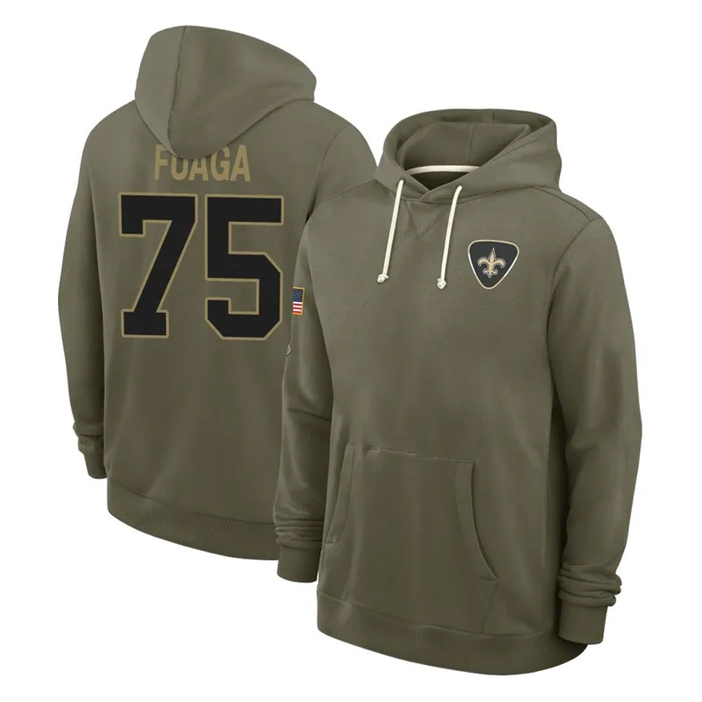 Pkot NO.Saints #75 Taliese Fuaga Player Olive Salute to Service Pullover Hoodies Limited Stitched Jerseys