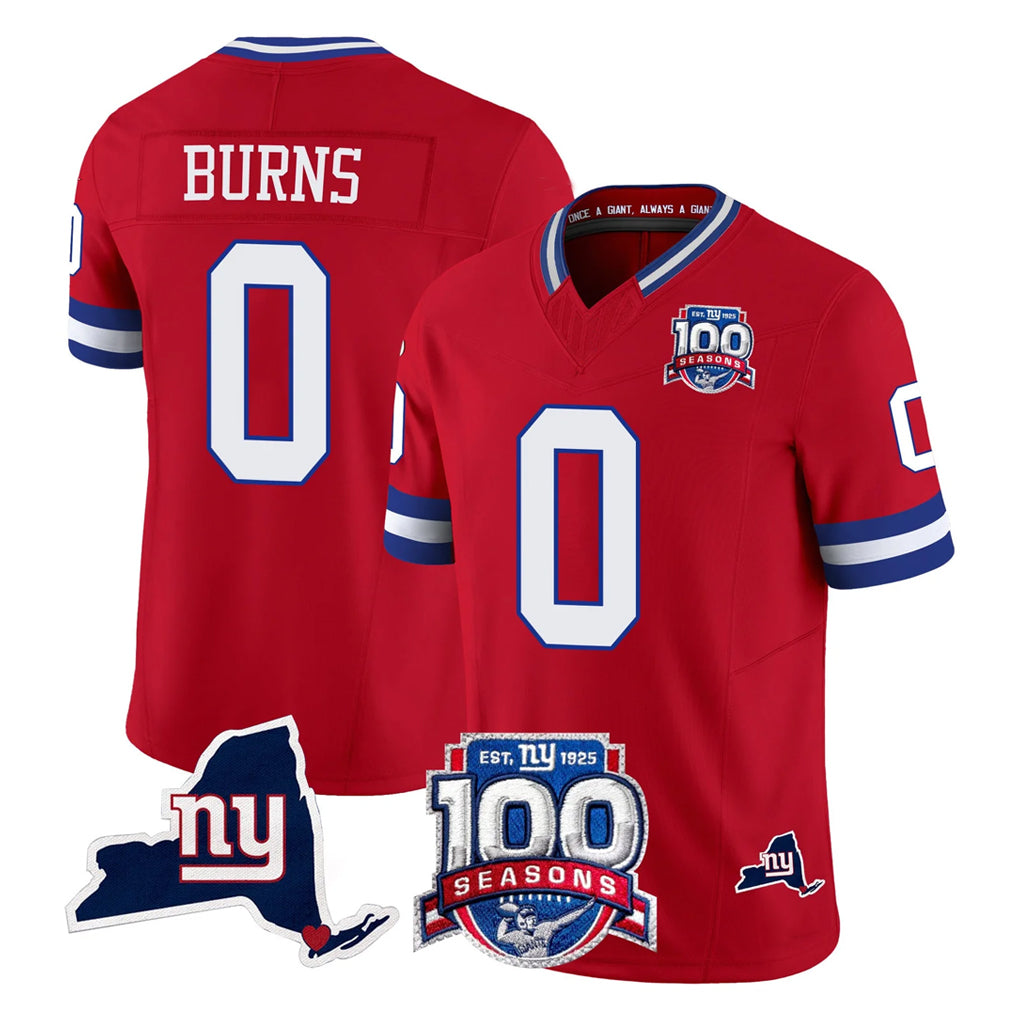 Pkot NY.Giants #0 Brian Burns Player Red 100th Season & State Patch Vapor Limited Home Game Stitched Jerseys
