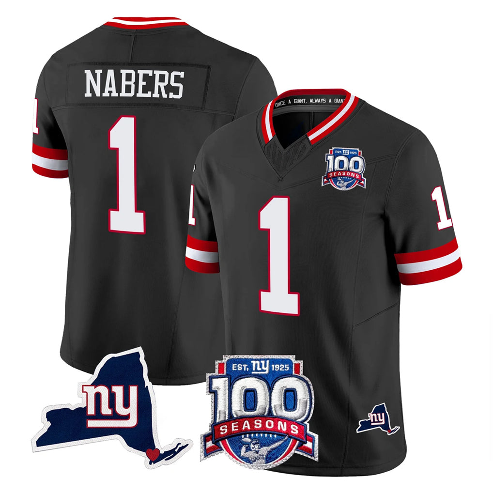 Pkot NY.Giants #1 Malik Nabers Player Black 100th Season & State Patch Vapor Limited Home Game Stitched Jerseys