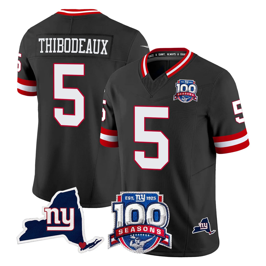 Pkot NY.Giants #5 Kayvon Thibodeaux Player Black 100th Season & State Patch Vapor Limited Home Game Stitched Jerseys