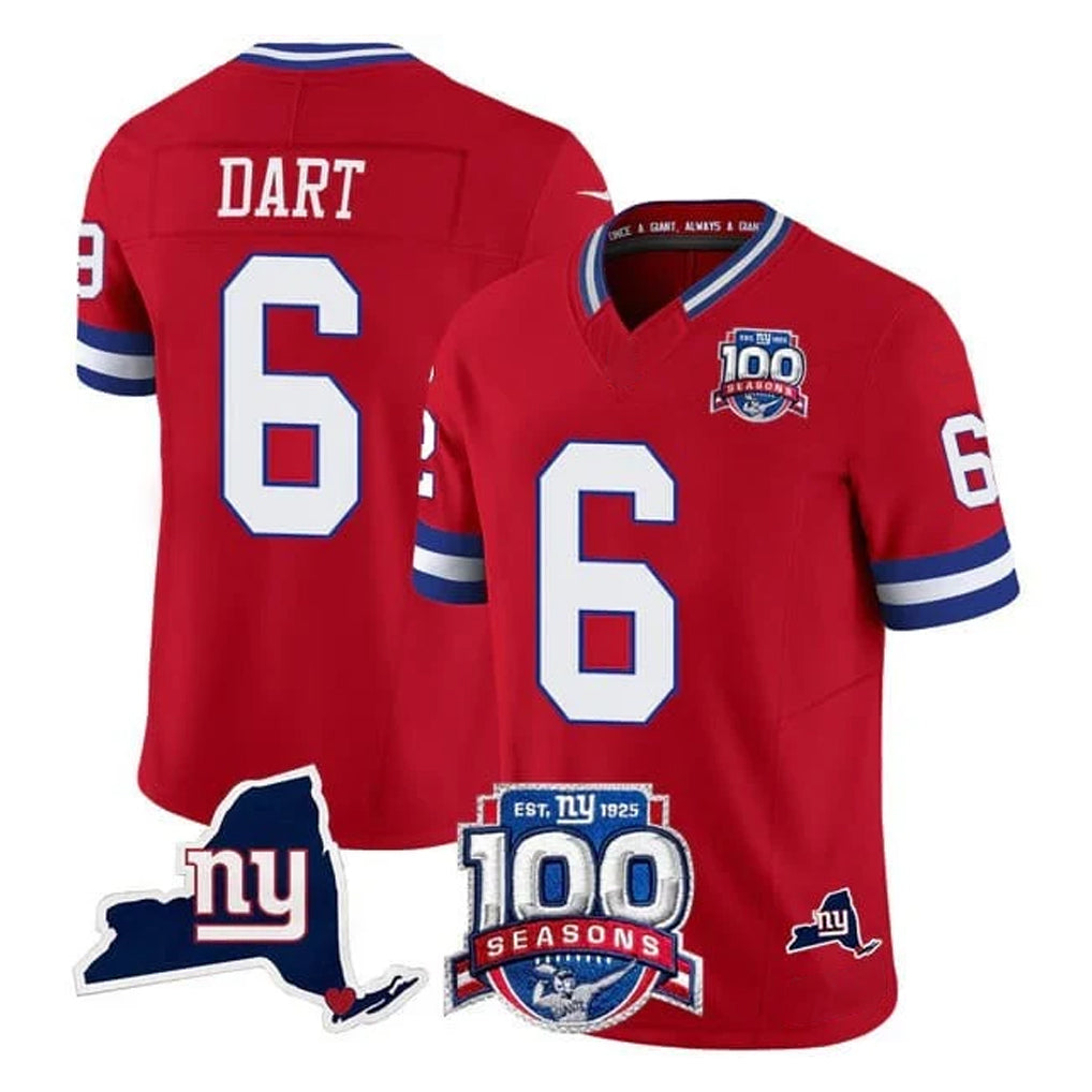 Pkot NY.Giants #6 Jaxson Dart Player Red 100th Season & State Patch Vapor Limited Home Game Stitched Jerseys